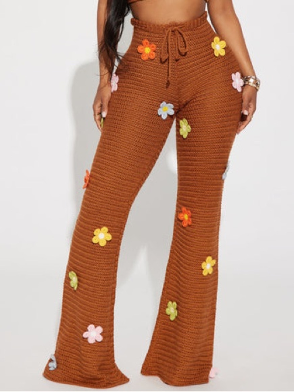 Fashion Nova Pants Womens M Brown Crochet Knit Flower Applique Flare Boho